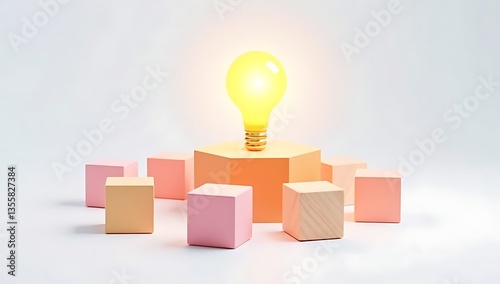 Innovation and Idea Generation Concept. Lightbulb Icon on a Central Wooden Block Surrounded by Smaller Cubes, Symbolizing Creativity and Brainstorming