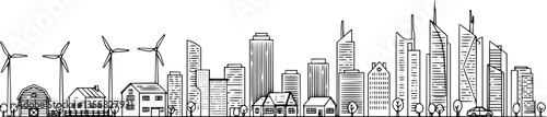 Line city. Cityscape art panorama, town or village street, small rural farm. Linear urban factory, outline environment car or park. Skyscraper and windmill, contour digital vector background