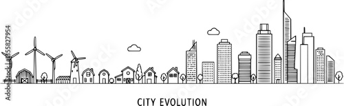 Line city. Cityscape art panorama, town or village street, small rural farm. Linear urban factory, outline environment car or park. Skyscraper and windmill, contour digital vector background
