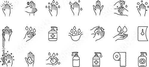 Hand wash icons. Clean palms with water and soap suds. Rub foam dryer and wipe signs. Outline towel and paper napkin. Cleanser bottle dispenser. Arm sanitizer. Vector hygiene symbols set