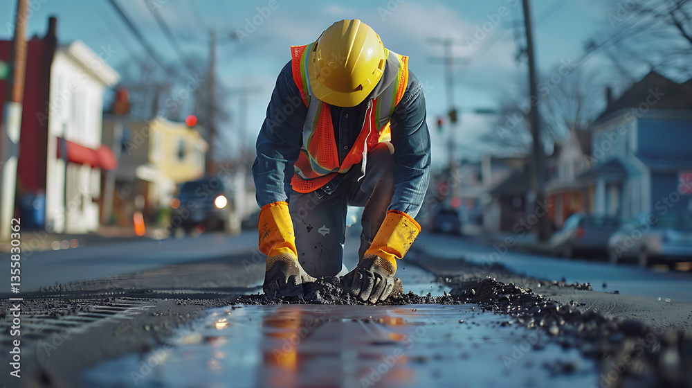 A construction worker in a high-visibility orange vest, a hard hat, work gloves, and steel-toed boots, grading a road. A construction worker in a high-visibility orange vest, a hard hat, work gloves, and steel-toed boots, grading a road.