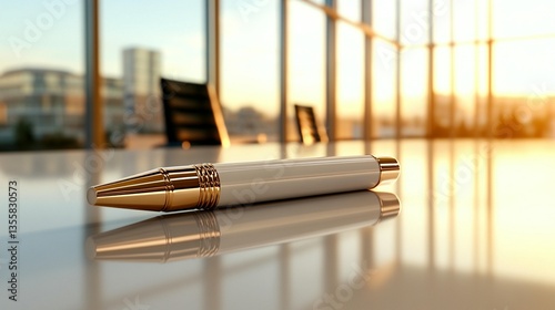 Elegant white and gold pen rests on a polished table in a modern office, overlooking a city sunset.