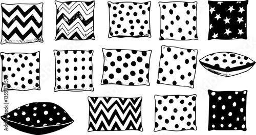 Cushion drawing. Doodle home bedroom pillows. Cozy hand drawn feather orthopedic bedding lay in stack. Interior comfortable sketch elements. Vector textile sleeping accessories set 