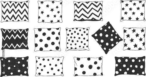 Cushion drawing. Doodle home bedroom pillows. Cozy hand drawn feather orthopedic bedding lay in stack. Interior comfortable sketch elements. Vector textile sleeping accessories set 