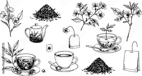 Dried tea sketch. Engraved fresh and dry leaves for black and green morning drink. Hand drawn natural elements set. Plant branch with flowers and teabags. Vector botanical collection