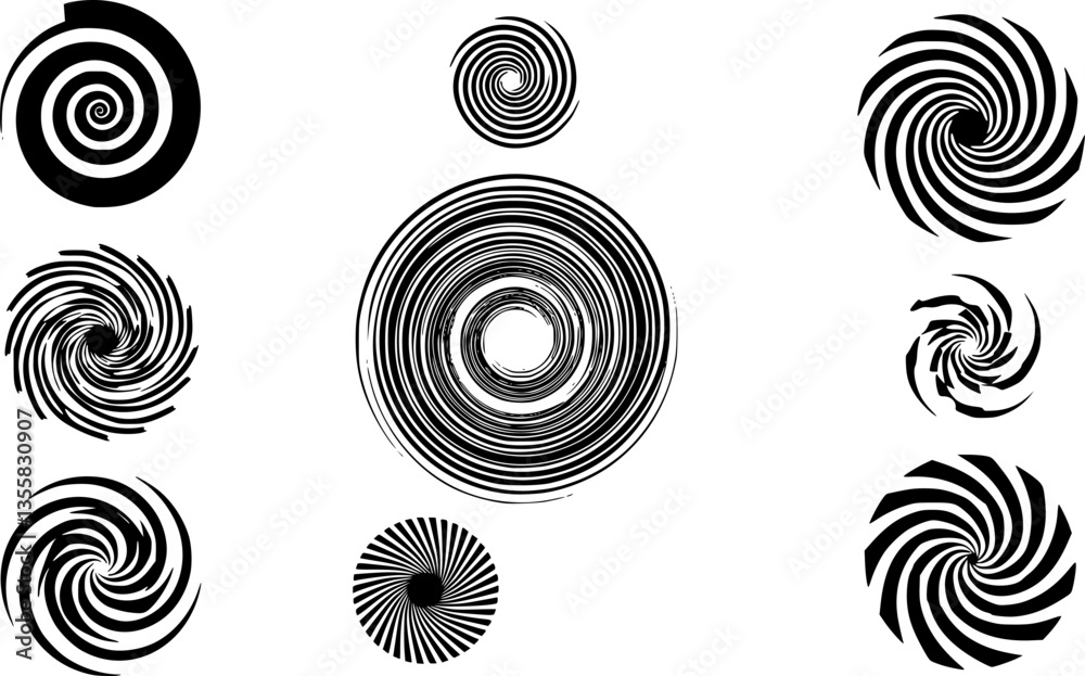 Optical illusion, hypnotic spiral patterns, black and white abstract design, geometric swirls, psychedelic art, concentric circles, rotating vortex, symmetrical composition, dizzying visual effect