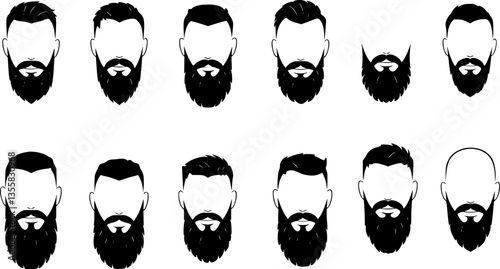 Beard silhouette. Different types of black mens face hair with or without moustache and whisker. Portrait facial elements graphic for haircut and barbershop. Vector isolated hairstyles set
