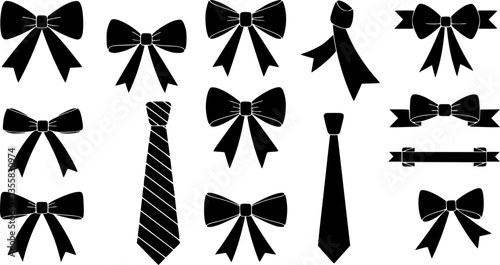 Black bow. Flat ribbons for birthday greeting cards and invitations. Black bows silhouettes, ribbon for present boxes packaging. Xmas decoration collection holiday vector isolated graphic elements set