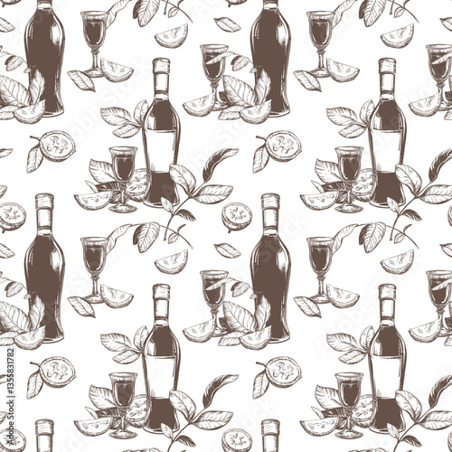 Bottle of Italian liqueur Nocino, glass with aperitif. Vector seamless pattern in engraving technique. Unripe walnut seeds whole and halves, leaves and branches. Linear sketch in black ink.
