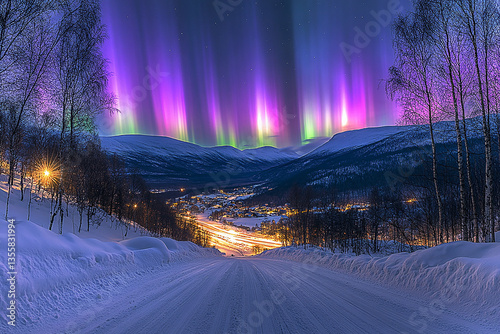 Majestic Northern Lights Illuminate a Snowy Landscape Over a Quiet Village at Night