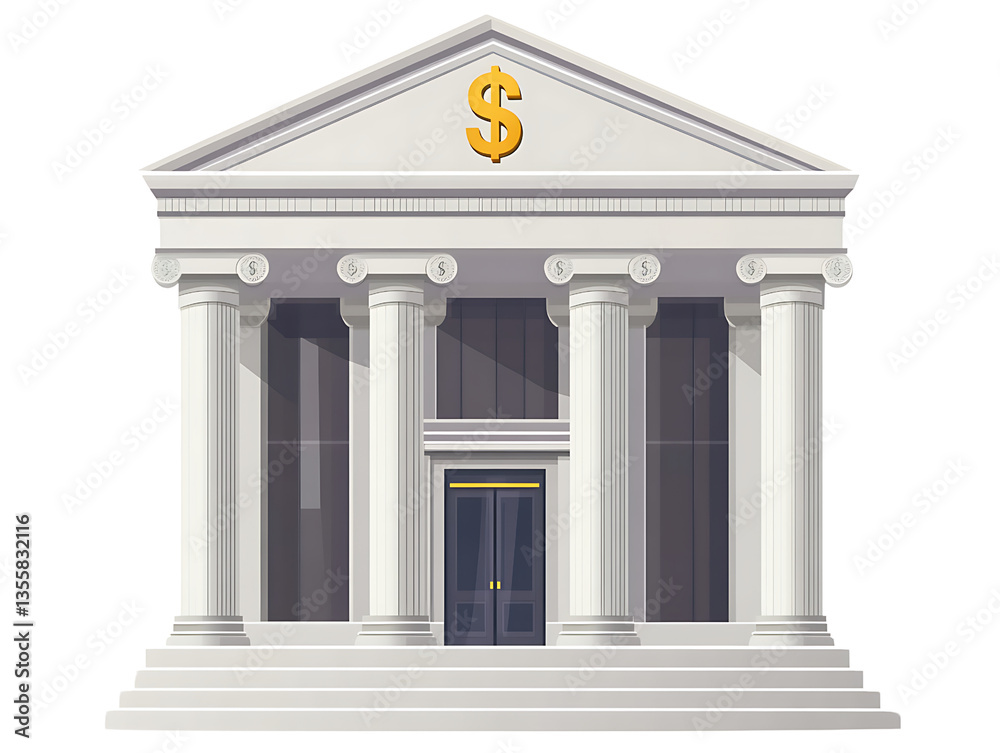 Fototapeta premium Classical-style bank building with columns and a golden dollar sign.