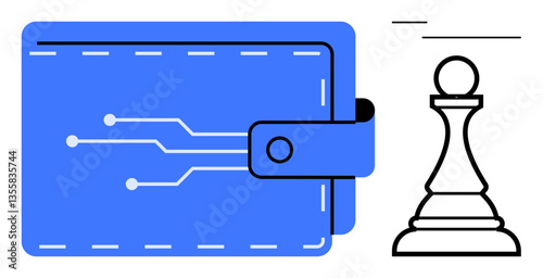 Closed blue wallet with digital circuit lines and white chess pawn combining technology, finance, and strategy. Ideal for digital payments, innovation, fintech, blockchain, planning, leadership