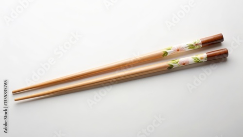A delicate pair of Japanese chopsticks lying horizontally on a plain white background, with a subtle gradient effect giving it a soft and dreamy feel, kitchen tools, food styling
