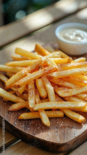 Crispy golden fries served on a wooden platter with a small bowl of creamy dip in a bright restaurant setting