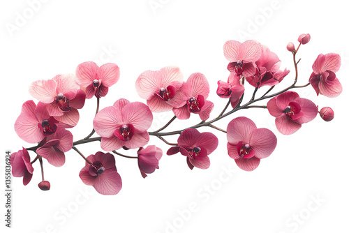Beautiful pink orchid flowers on a delicate branch, isolated on a white background.