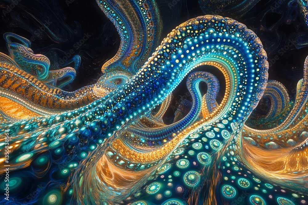 Naklejka premium Pulsating electric-blue fractal curves, intertwining like flowing liquid energy, glowing with high-intensity HDR contrast