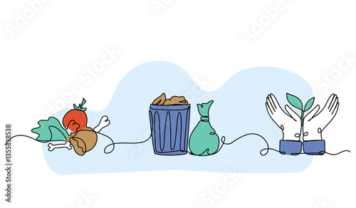 Vector illustration of composting process. Modern flat in continuous line style.