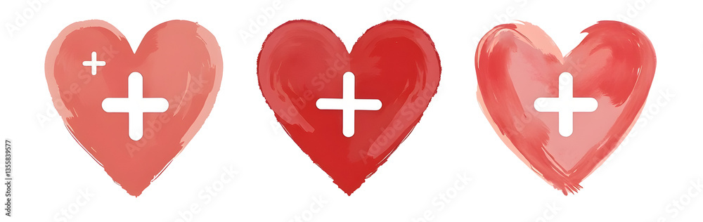Obraz premium Three stylized hearts with crosses, symbolizing love, health, and positivity. cut out,isolated, transparent background