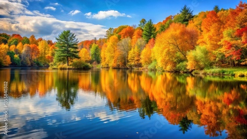 Serene lake surrounded by vibrant autumn foliage with golden brown trees and lush greenery, creating a picturesque scene, autumn leaves, serene lake