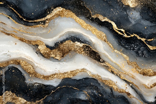 Abstract modern artwork featuring fluid black white and gold layers
