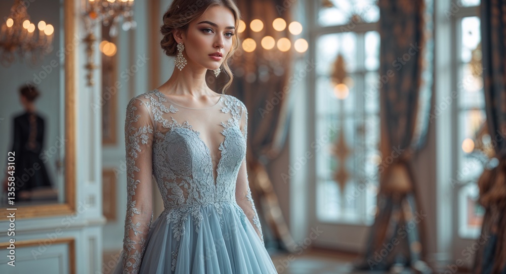 Naklejka premium Graceful young woman in designer lace gown with elegant makeup evening glamour photography model