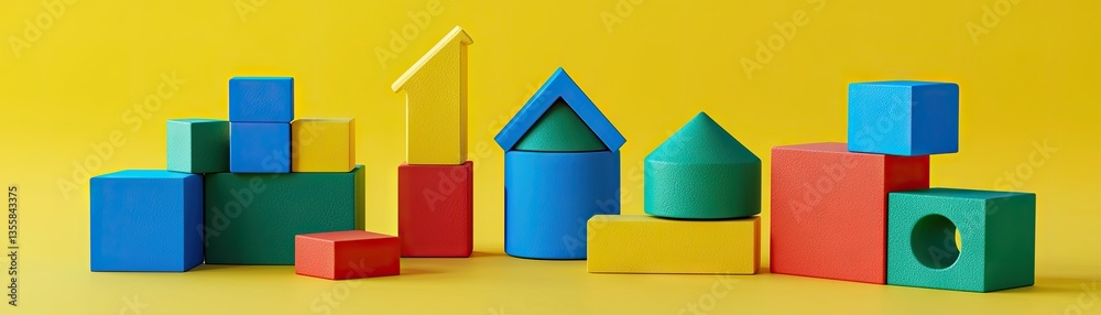 Obraz premium Colorful blocks form shapes on yellow. Educational toy background