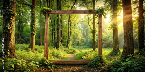 A serene forest landscape featuring a large empty wooden frame nestled among the branches of tall trees, with leaves and vines wrapping around it, natural scenery, vines