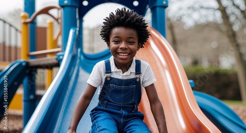 Joyful black haired boy in blue overalls sliding on plastic slide playground fun photography model