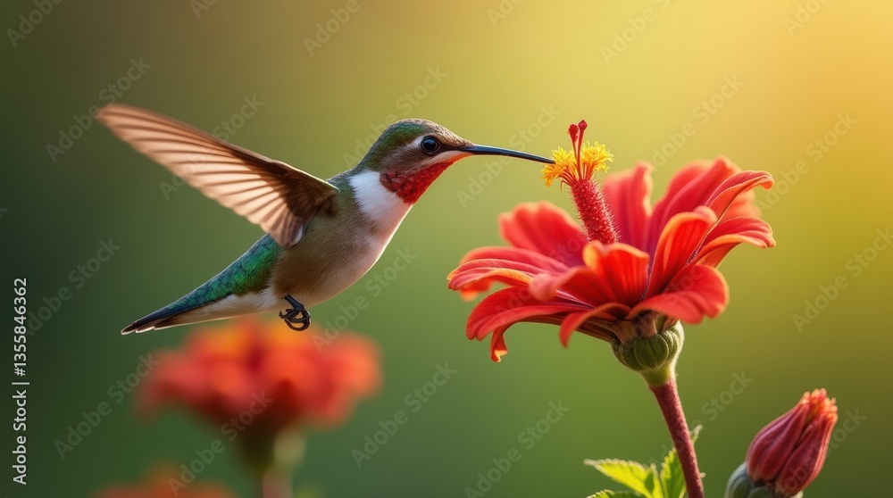 Naklejka premium A hummingbird pollinating a red flower, with its beak inside the flower, vibrant colors and sharp details, captured in a sunny natural setting