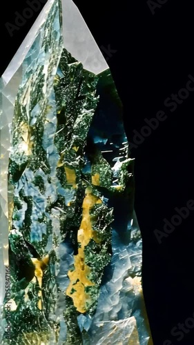 Unique crystal formation with vivid colors displayed against a dark background showcasing natural beauty and intricate details