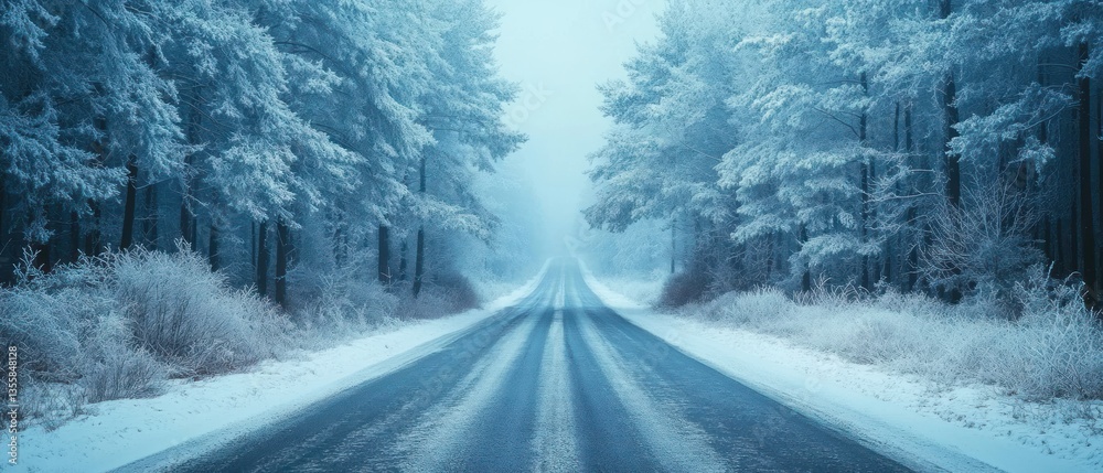 Obraz premium Serene winter landscape with snow-covered trees and a road in a frosted forest