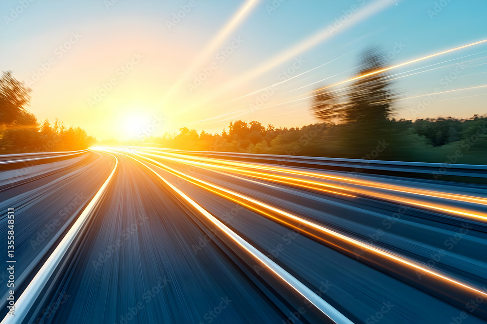 Abstract Light Streaks on Highway with Blurred Motion Against Bright Sunlight and Trees at Sunset Suggesting High Speed Travel and Future Technology Abstract Light Streaks on Highway with Blurred Motion Against Bright Sunlight and Trees at Sunset Suggesting High Speed Travel and Future Technology