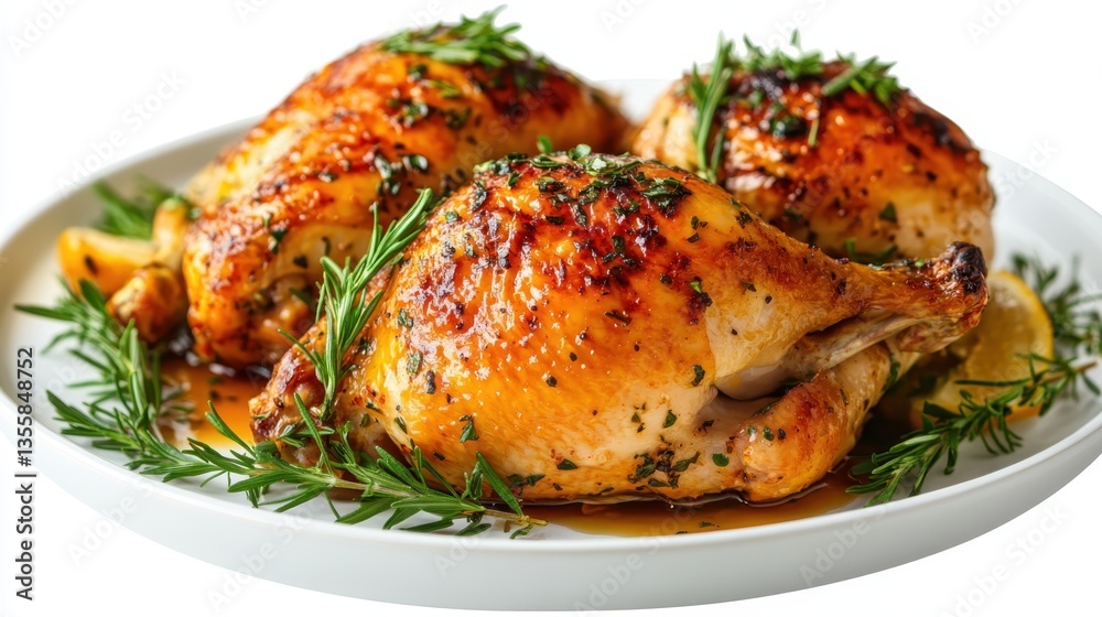 A detailed image of a perfectly roasted chicken with crispy skin and herbs on a white plate, on a transparent white PNG background A detailed image of a perfectly roasted chicken with crispy skin and herbs on a white plate, on a transparent white PNG background