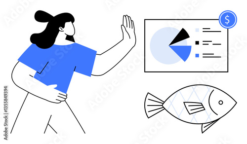Woman gesturing refusal toward financial chart with pie graph and dollar sign, alongside fish. Ideal for sustainability, decision-making, economics, consumer ethics, finance, conservation, flat