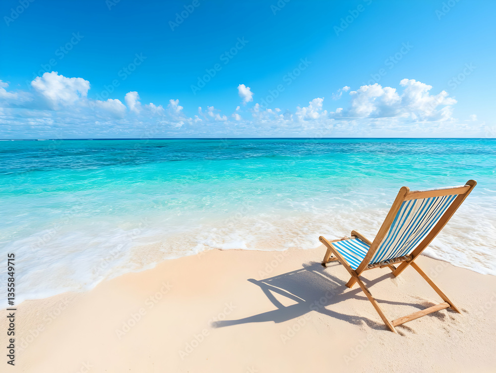 Beach Chair on White Sand by Turquoise Ocean Under Bright Blue Sky in Tropical Summer Vacation Landscape with Rolling Waves and Distant Horizon Under Sunshine Beach Chair on White Sand by Turquoise Ocean Under Bright Blue Sky in Tropical Summer Vacation Landscape with Rolling Waves and Distant Horizon Under Sunshine