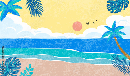 summer landscape background with beach and sand grain texture for horizontal design