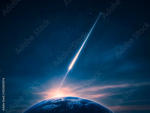 Obraz na płótnie Brilliant Meteor Streaking Across Dark Blue Sky Over Illuminated Earth Creating a Cosmic Display of Light and Shadow in a Star Filled Night w salonie