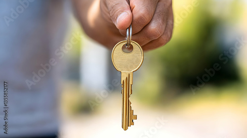 Close Up of a Person Holding a Gold Key Against a Blurred Background Representing Real Estate Investment and New Home Ownership in Natural Lighting