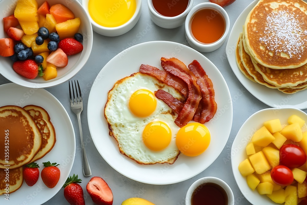 A delicious breakfast spread with eggs, bacon, pancakes, and fresh fruit A delicious breakfast spread with eggs, bacon, pancakes, and fresh fruit
