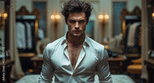 Mysterious striking man in undone dress shirt with tousled hair seductive gaze photography model