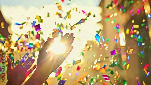 Colorful Confetti Celebration with Clapping Hands in Sunlight