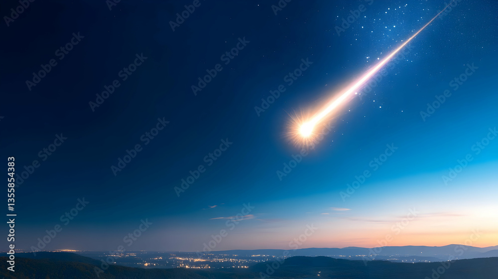 Fototapeta premium Dramatic Meteor Shower Over Distant City Lights at Twilight Blue Sky Stars and Fiery Comet Creates an Ethereal Scene of Cosmic Beauty and Wonder and Exploration