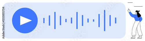 Blue play button, audio waveforms, woman gesturing towards sound. Ideal for audio streaming, podcasting, media controls, online courses, sound editing, music apps flat simple metaphor