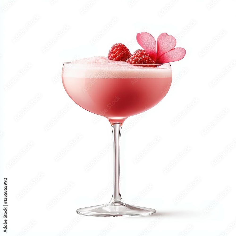 Elegant pink cocktail garnished with raspberries and a flower. Elegant pink cocktail garnished with raspberries and a flower.