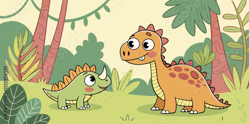 Cute Baby Dinosaurs in Prehistoric Forest, Design for Children. Colorful and Playful imaginary dino animals wallpaper. Vector funny dinosaur, vector background design for kids.
