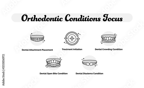 Orthodontic Conditions Focus. Dental Attachment Placement, Treatment Initiation, Dental Crowding Condition, Dental Open Bite Condition, Dental Diastema Condition. Dental Health.