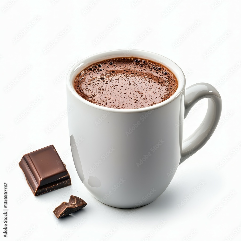 Obraz premium A steaming cup of hot chocolate with a piece of dark chocolate beside it.