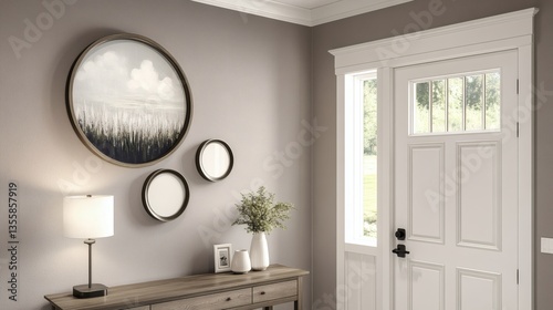 Cozy home interior design showcasing a console table and a front door