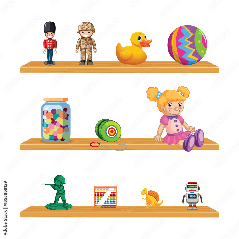 Fototapeta premium Cute Colorful Toys Collection Box with Various Colorful Baby Toys Vector Illustration