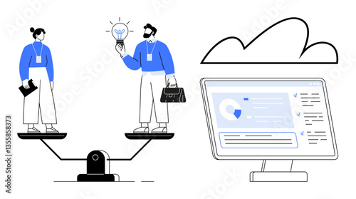 Two professionals balanced on a scale symbolizing idea assessment and collaboration, with a computer screen showing data analysis under a cloud. Ideal for teamwork, decision-making, balance, cloud